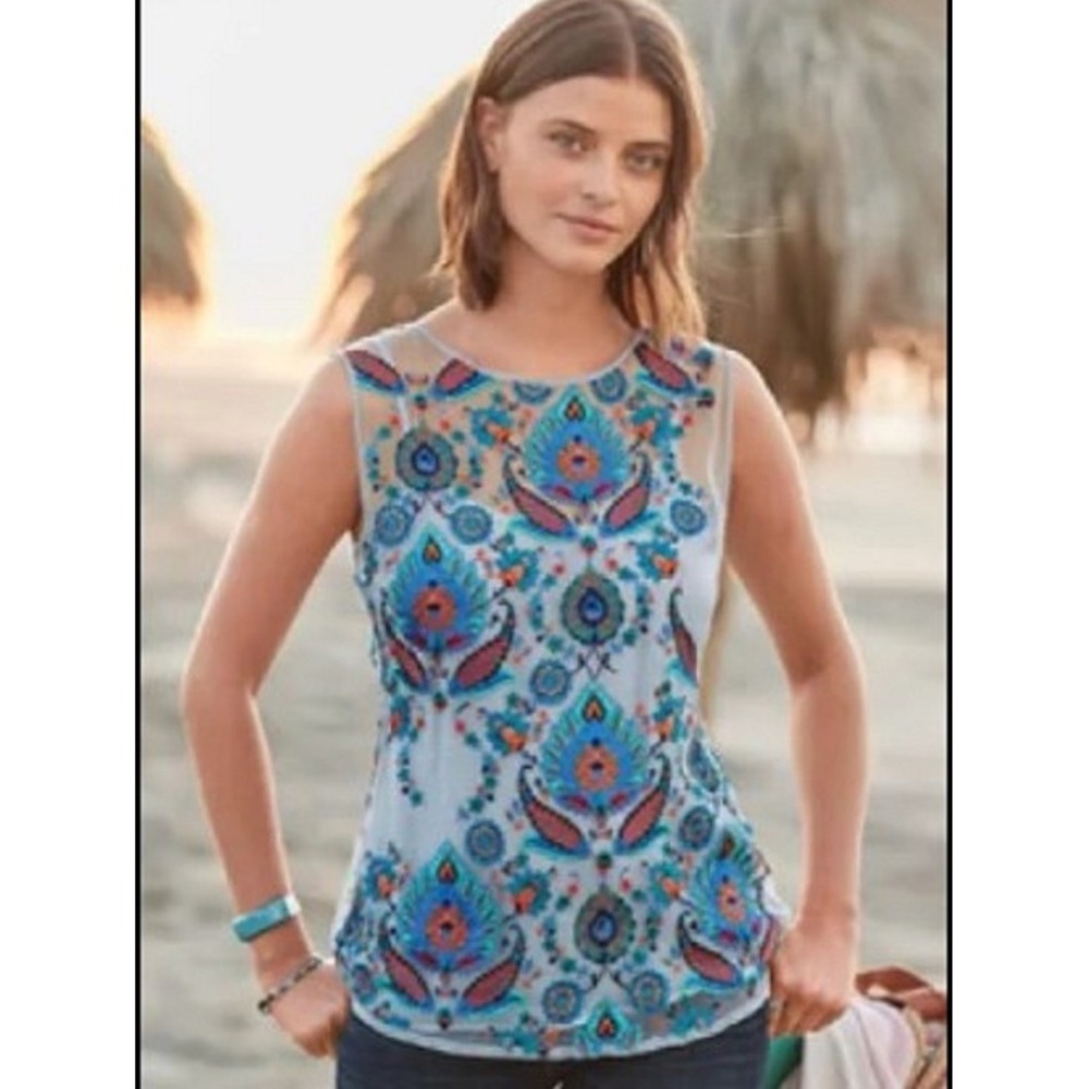 Sundance Small Silk Embroidered Regal Paisley Floral Boho Sleeveless Blouse Top